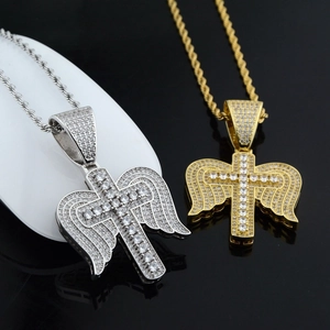 Collar Con Colgante de Cruz de Alas de Ángel Iced Out Cobre Chapado en Oro Plata Zircón Hip Hop Streetwear Joyería Para Hombres Mujeres Cadena de Cuerda