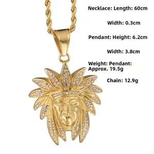 Dimensions détaillées du collier pendentif chef indien doré avec chaîne de 60 cm