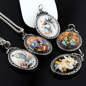 Vintage Titanstahl Ganesha Neunschwänziger Fuchs Koi Anhänger Halskette Hip Hop Streetwear Ethnisch Thangka Oval Rund Schmuck