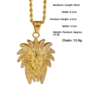 Vue détaillée montrant les dimensions du pendentif chef indien et la longueur de chaîne