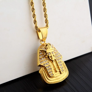 Collana hip hop con ciondolo faraone egiziano dorato e strass brillanti per uomo e donna