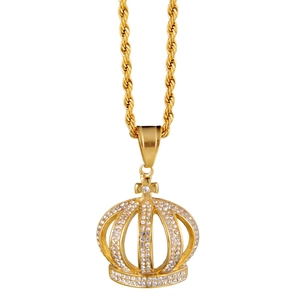 Collier Pendentif Couronne Hip Hop pour Hommes Femmes Plaqué Or Acier Inoxydable Strass Chaîne Corde Bijoux Mode