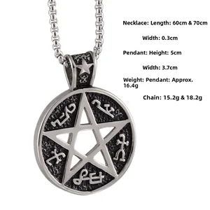 Macro shot of titanium steel pentagram pendant with detailed dimensions and specs