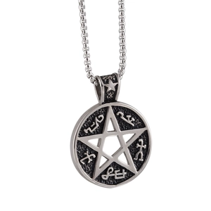 Vintage Titanium Steel Pentagram Pendant Necklace For Men Women Gothic Hip Hop Sanskrit Rune Mystical Round Hollow Necklace