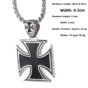 Detail showing dimensions of the stainless steel iron cross pendant on a 0.3cm chain