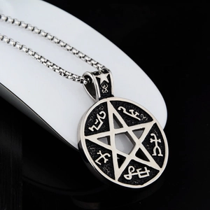 Gothic stainless steel pentagram pendant necklace with mystical rune engravings for men