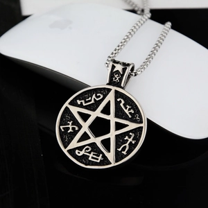 Gothic pentagram coin pendant necklace in vintage stainless steel with mystic runes