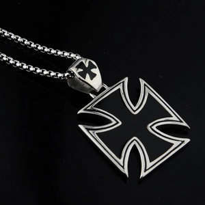 Punk style stainless steel Iron Cross pendant necklace for men on black mirror surface