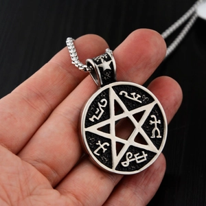Hip hop titanium steel necklace featuring a vintage pentagram pendant with Sanskrit runes
