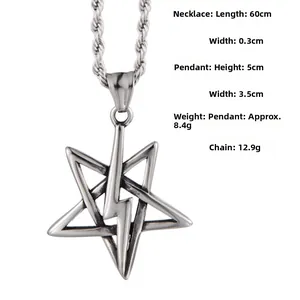 Detail of 60cm rope chain with lightning bolt star pendant and dimensions specification