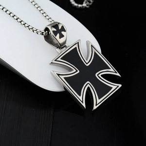 Polished titanium steel iron cross pendant necklace with black enamel for men and women