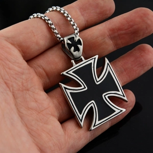 Men's punk gothic iron cross pendant necklace with black enamel inlay and box chain