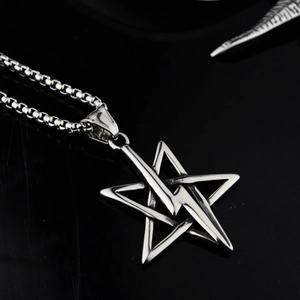 Hip hop titanium steel necklace featuring a lightning star pendant on a dark reflective surface