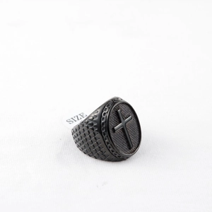 Men's matte black titanium steel ring with cross emblem and textured scale pattern