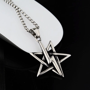Hip hop titanium steel necklace featuring a vintage lightning pentagram star pendant