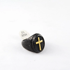 Men's titanium steel cross ring in matte black finish with size 12 tag on white surface