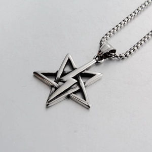 Detailed view of hip hop lightning star pendant with textured brushed metal finish