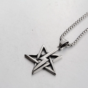Detail of hip hop stainless steel necklace with hollow pentagram and lightning bolt pendant