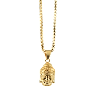 Collar con colgante de cabeza de Buda dorado estilo hip hop y cadena de bolas para pareja