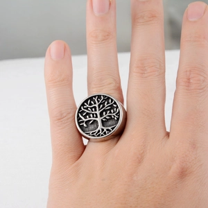 Vintage stainless steel Tree of Life ring for men featuring Nordic style embossed details