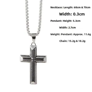 Detailed view of silver stainless steel cross pendant necklace with length and width specs