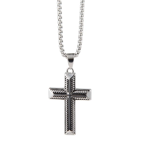 Detailed close-up of hip hop cross pendant with rope texture and stainless steel chain