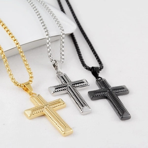 Three-color hip hop titanium steel cross pendant necklaces with braided texture box chain