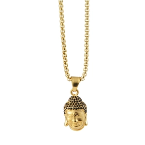 Hip hop gold Buddha head pendant necklace with black rhinestones on a thick link chain