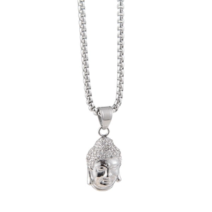Hip hop Buddha head pendant necklace in silver stainless steel with sparkling rhinestones