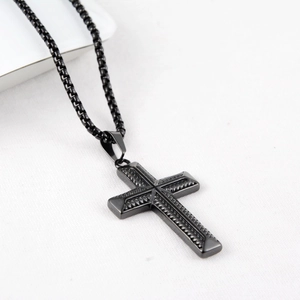 Hip hop black stainless steel cross pendant necklace with engraved texture for men