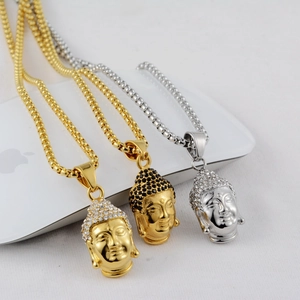 Hip hop Buddha head pendant necklaces in gold and silver with sparkling rhinestones