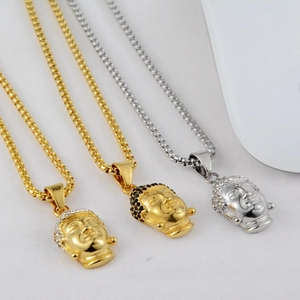 Hip hop Buddha head pendants in gold and silver steel with crystals and box chains