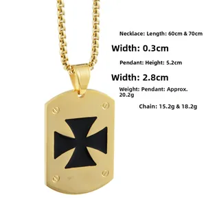 Detail view of a gold rectangular cross pendant necklace with box chain and dimensions