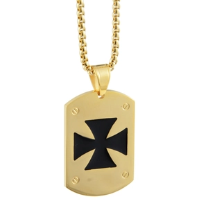 Men's vintage golden stainless steel necklace with black iron cross pendant on white background