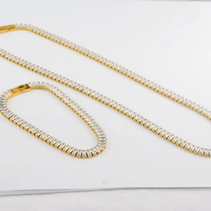 Minimalist gold plated tennis necklace and bracelet set with square cut zircons