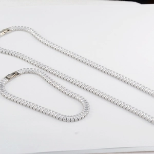 Hip hop silver baguette-cut tennis necklace and bracelet set with cubic zirconia stones