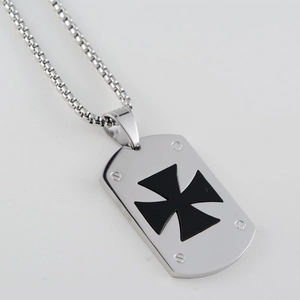 Hip hop stainless steel army tag necklace with black iron cross and mirror finish