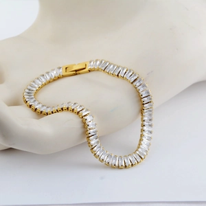 Hip hop titanium steel chain bracelet with rectangular zircon inlay on hand model