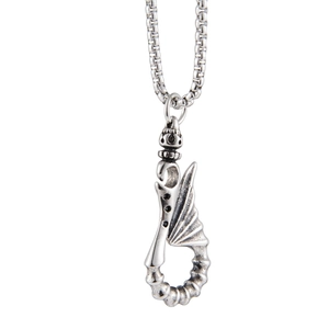 Gothic punk style fish hook pendant necklace in vintage silver steel with wing textures
