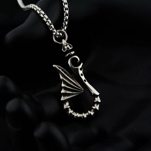 Retro dragon wing fish hook pendant with box chain in vintage silver stainless steel