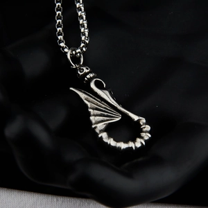 Gothic dragon wing pendant in vintage silver stainless steel on a chunky link chain
