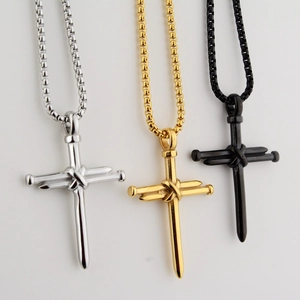 Three-color hip-hop stainless steel nail cross necklaces in silver, gold and black