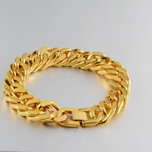 Chunky gold titanium steel Cuban chain bracelet with secure press clasp for men