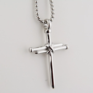 Polished silver stainless steel nail cross pendant necklace on a bead chain for unisex style