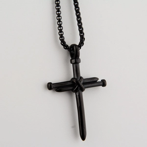 Hip hop black stainless steel nail cross pendant necklace with box chain for men and women