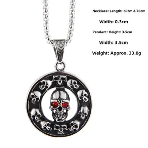 Detail view of retro steel skull pendant with red gem eyes and precise dimensions
