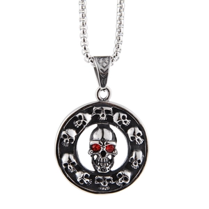 Hip-hop skull circle pendant necklace in stainless steel with red rhinestone eyes