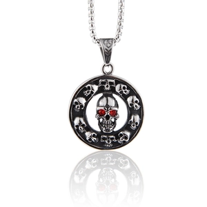 Stainless Steel Skull Pendant Necklace Gothic Punk Hip Hop Round Circle Jewelry With Red Zirconia Eyes For Men Women
