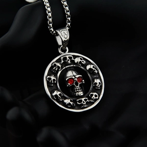 Hip hop titanium steel necklace with punk skull pendant and red rhinestone accents
