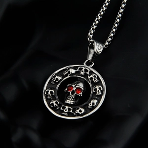 Gothic skull pendant necklace with red rhinestone eyes and classic box chain for men